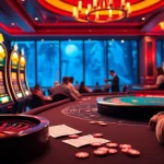 Jogadores curtindo blackjack em uma mesa luxuosa com a marca 001WIN, evocando a atmosfera emocionante de cassino.