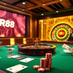 RR88 gaming table with poker chips and cards, providing an exhilarating casino atmosphere.