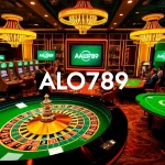 A high-energy gambling scene at ALO789 featuring roulette and slot machines with players enjoying the excitement.