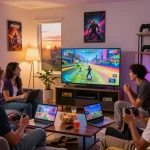 Exciting adult game night scene with friends enjoying gameplay and snacks in a cozy living room.