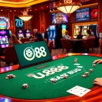 Engaging U888 online casino scene with modern slot machines and vibrant gaming tables.