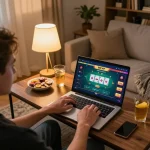 Engaging in RIKVIP online poker with a laptop in a cozy living room setup.