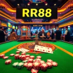 Players enjoying a thrilling game at RR88's upscale casino, filled with vibrant slot machines and a roulette table.