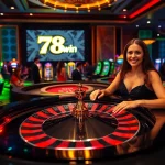 Experience the thrill of winning at 78win with a lively casino scene featuring roulette and slot machines.