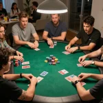 Players enjoying a friendly poker game at home on the 399w platform, showcasing lively interaction and strategic gameplay.