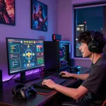 Exciting gaming setup showcasing a player engaged in Tài Xỉu MD5 with vibrant LED lights and game statistics.