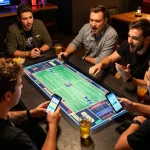 Friends analyzing odds on 45678 com while engaged in sports betting excitement