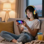 Mobile porn game scene featuring a woman enjoying a gaming experience on her smartphone in a cozy living room.