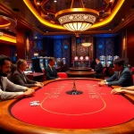 Players enjoying a high-stakes poker game at 7hh casino with excitement and luxury vibes.