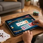C168 player engaged in strategic poker play on tablet, with warm lighting and cozy atmosphere.