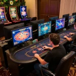 Engaging online casino gameplay at 688v with vibrant screens, chips and player focused