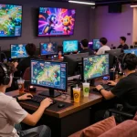 Exciting gaming atmosphere at CWIN with players enjoying various games, vibrant graphics, and modern lounge setting.