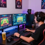 The AQ777 gaming setup features a player engaged with vibrant casino games on sleek monitors in a modern room, highlighting excitement and immersive atmosphere.