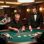Jogadores fazem apostas em mesas de blackjack em um ambiente de cassino luxuoso na 668bet, exibindo um jogo estratégico.