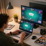 Player enjoying online poker on 33nn platform from cozy home office setup, showcasing game interface.