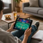 Experimente jogos de cassino online com 12bet em um tablet em um aconchegante ambiente de sala de estar.