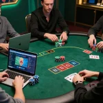 kp88 poker players engaging in an online game, showcasing an exciting betting atmosphere.