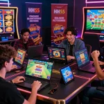 HH55 gaming platform with diverse players enjoying interactive casino games and promotions in a vibrant environment.