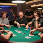 Players engaged in an intense poker game showcasing game đánh bài đổi thưởng atmosphere with vibrant colors and strategic action.