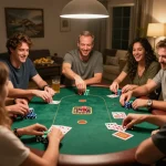 Socolive experience highlighted during a home poker night with friends playing cards and interacting, vibrant atmosphere