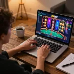 Jogador ganhando com emocionantes máquinas caça-níqueis da 166bet no laptop em um ambiente aconchegante em casa