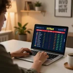 Apostas esportivas envolventes na 337bet com odds ao vivo em laptop em um escritório elegante em casa