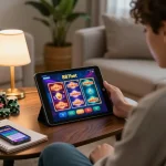 Jogador engajado usando o aplicativo de cassino 887bet no tablet com fichas de poker e anotações de estratégia.