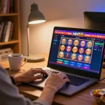 Jogador aproveitando jogos de cassino online no HH55, com dealer ao vivo e opções vibrantes de caça-níqueis no laptop.
