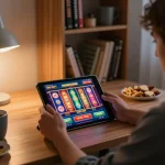 Engaging online gameplay with gk888 interface on tablet, showcasing a home gaming environment.
