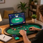 Player engaged in online poker session on laptop, showcasing va88 betting strategies in cozy home setting