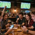 Soi kèo action at a vibrant sports bar, friends analyzing odds while watching a live match