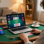 Jun88 player enjoying live baccarat on laptop in cozy home setting with strategic betting action.
