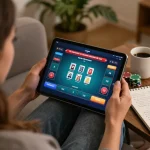 Engaged player on 688v enjoying online poker, showcasing game interface and strategic notes in a cozy home setting.