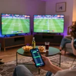 Engaging in mobile sports betting on 789win while enjoying a live match in a cozy setup.