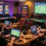 Players enjoying 12bet games in a lively gaming lounge with sports screens and casino tables.