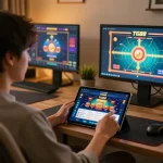 TG88 player engaging in online casino action on tablet in a cozy home environment