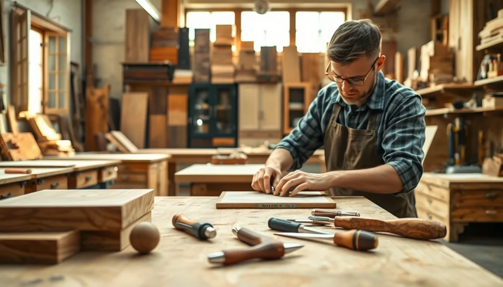 Crafting a custom cabinet showcasing intricate designs and fine craftsmanship in a bright workshop.
