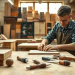 Crafting a custom cabinet showcasing intricate designs and fine craftsmanship in a bright workshop.