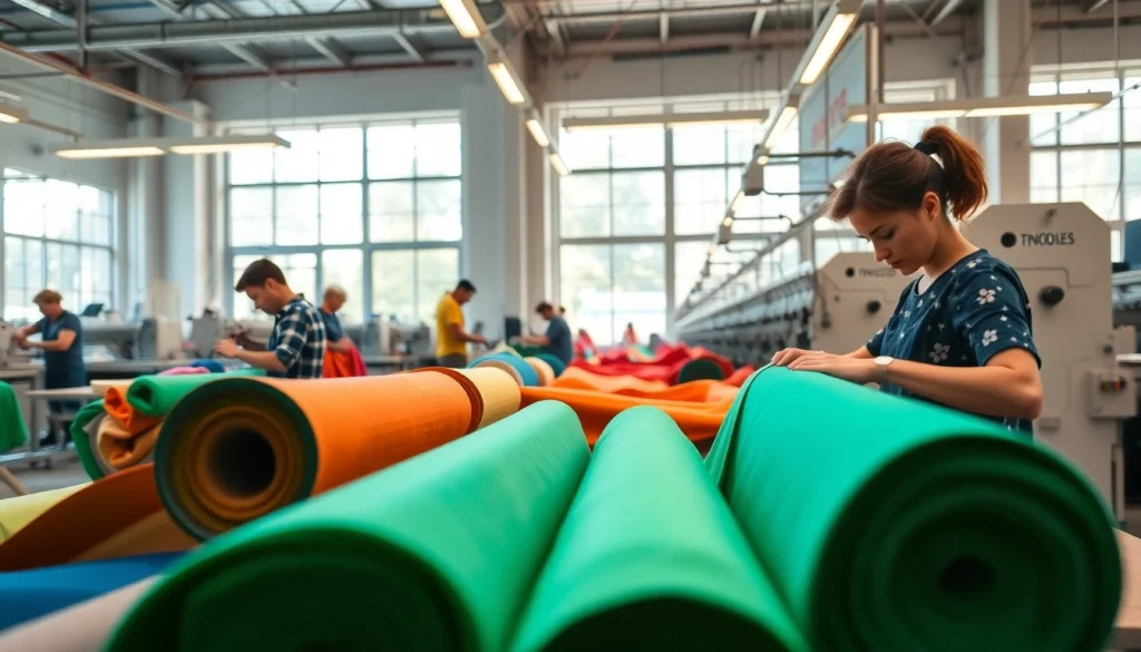 Dynamic scene of a clothing manufacturing company showcasing fabric and skilled workers.