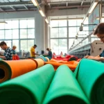 Dynamic scene of a clothing manufacturing company showcasing fabric and skilled workers.