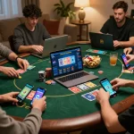 Engaged players enjoying 888NEW online poker game on digital devices in a cozy setting.