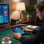 27G player focused on live dealer blackjack game, engaged in online gambling strategy with a tablet