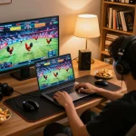 Watch live đá gà thomo matches in a cozy home online gaming setup with vibrant screen action.