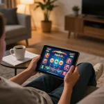 Engaged in online gameplay on Jogoluck, featuring tablet on a cozy sofa.