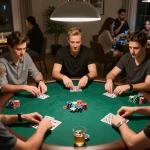 LUCKY88 poker action at home game night with enthusiastic players and colorful chips.
