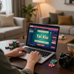 Tài Xỉu online gameplay setup with a player focused on laptop in a cozy home environment.
