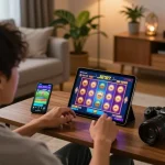 Engage with jili707's online slots while relaxing at home, showcasing an exciting gaming scene.