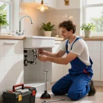 Encanador repairing a kitchen faucet in a stylish urban setting, showcasing plumbing expertise and precision.