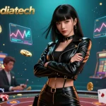 Amitoosindiatech showcases a stunning Asian woman in a casino setting, surrounded by crypto elements and dynamic gaming visuals.
