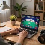 Player engaging in king33 online poker game at home, showcasing strategic gameplay and cozy atmosphere